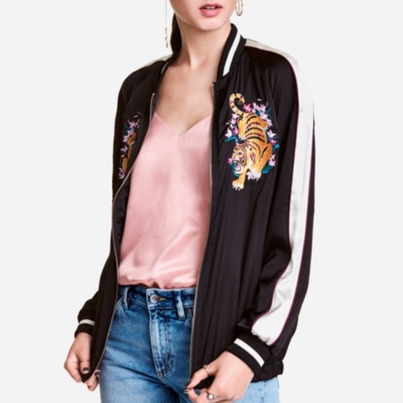 Embroidered Tiger Black Bomber Jacket - Picture 1 of 4
